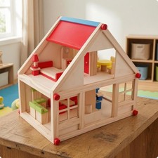 Wooden Dollhouse, Two-Story, White Panels, Play Dollhouse