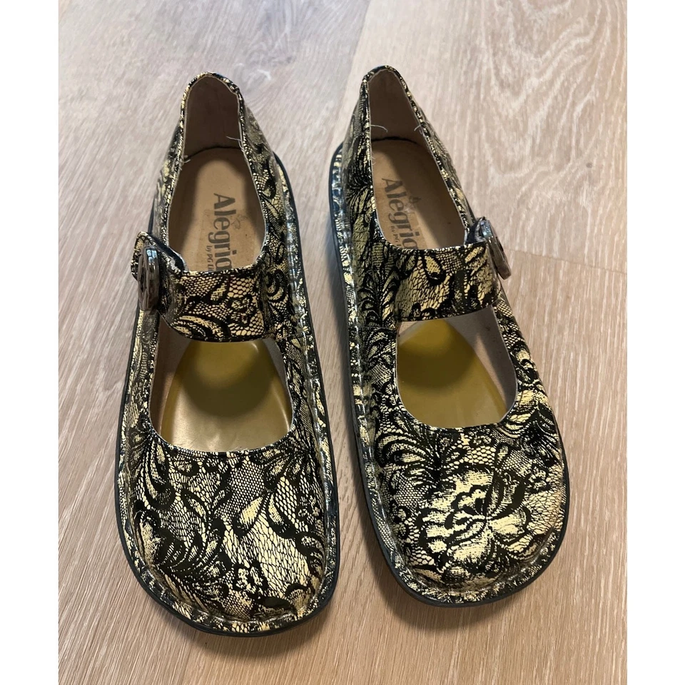 Alegria Paloma Blanco y Negro Patente Encaje Floral Mary Jane’s Talla 38 Foto 2 de 4