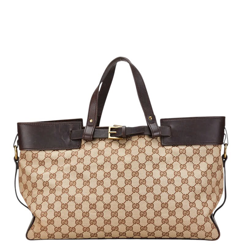 Vintage Gucci GG Canvas Tote Bag in Beige Brown Leather