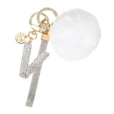 Initial Letter V Keychain with Pom and Rhinestone Wristlet, White