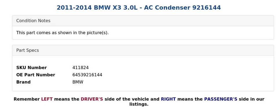 2011-2014 BMW X3 3.0L - AC Condenser 9216144 - Image 3 of 4
