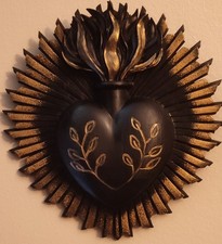 Black / Gold Sacred Heart Wall Decor - Handmade / Handpainted