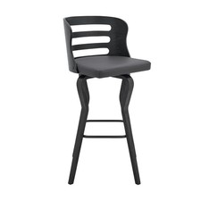 30" Swivel Bar Stool in Gray Faux Leather  Black Wood