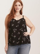 TORRID size 0 L, 12 Black Floral Print Georgette Lace Trim Cami New