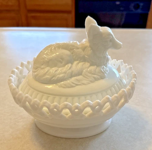 Thomas Atterbury 2 Piece Milk Glass Fox Sitting On A Dish  AUG 6 1889 See Note