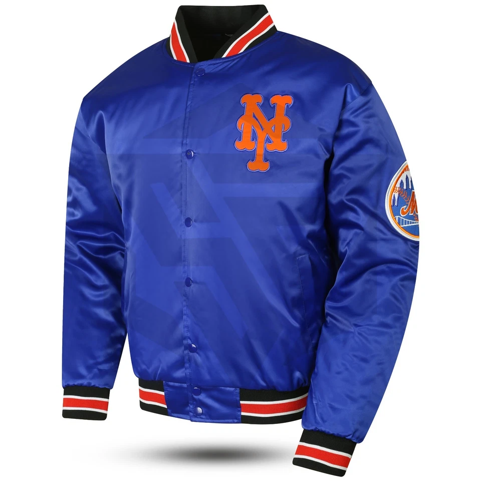 Jaqueta atlética masculina NY Mets vintage anos 90 cetim azul estilo bombardeiro jaqueta Varsity - Imagem 2 de 4