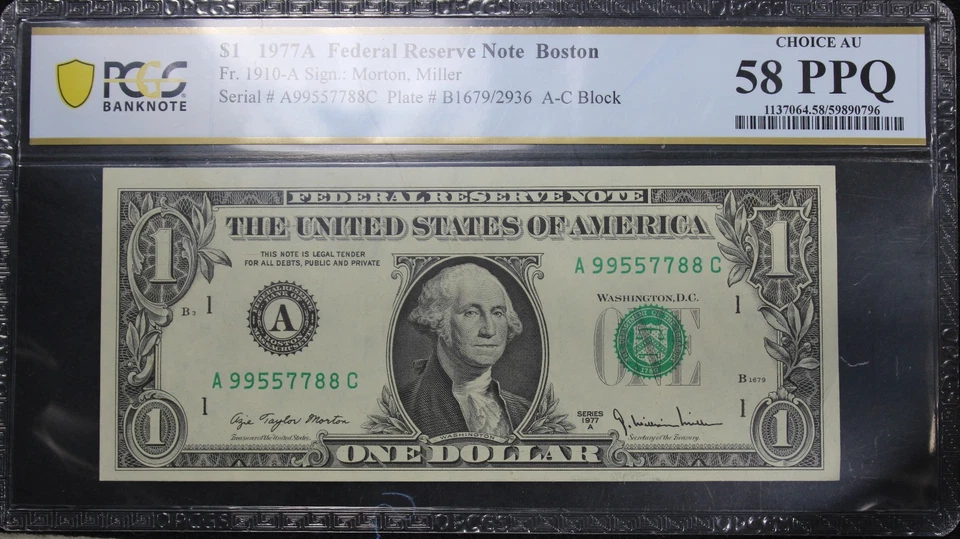 1977A 58PPQ Federal Reserve Boston 1$ Note, SN A99557788C, Fancy Serial - Image 3 of 4