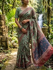 Women New Kalamkari Printed Chanderi Saree W blouse Party Festive Designer
