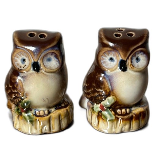Owl Salt & Pepper Shakers Pair Ceramic Brown Glaze 2.25" Woodland Decor Vintage