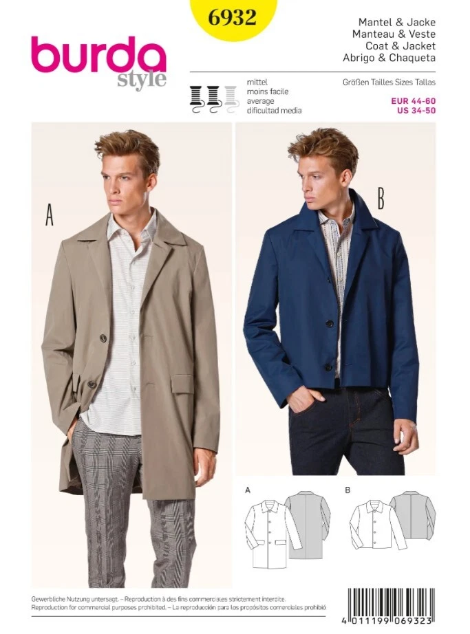 Burda 6932 Manteau & Veste HOMME Facile Couture Motif Tailles 34 - 50 Skill: - Photo 1/4