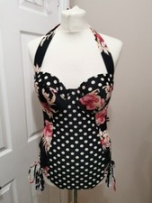 Swimsuit Simply Be Polka Dot Floral Halterneck Wired Ruched Side One Piece NEW