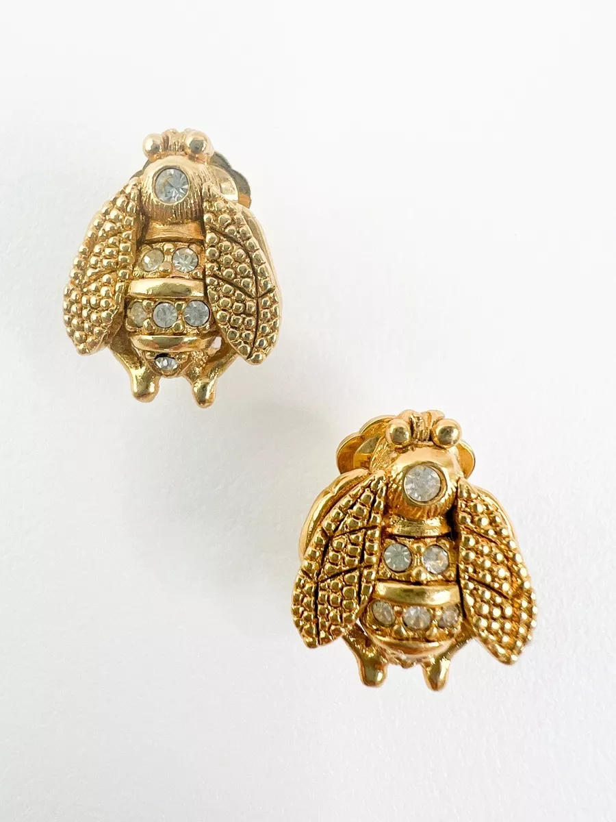 AUTHENTIC CHRISTIAN DIOR VINTAGE ICONIC BEE EARRINGS GOLD TONE RHINESTONE