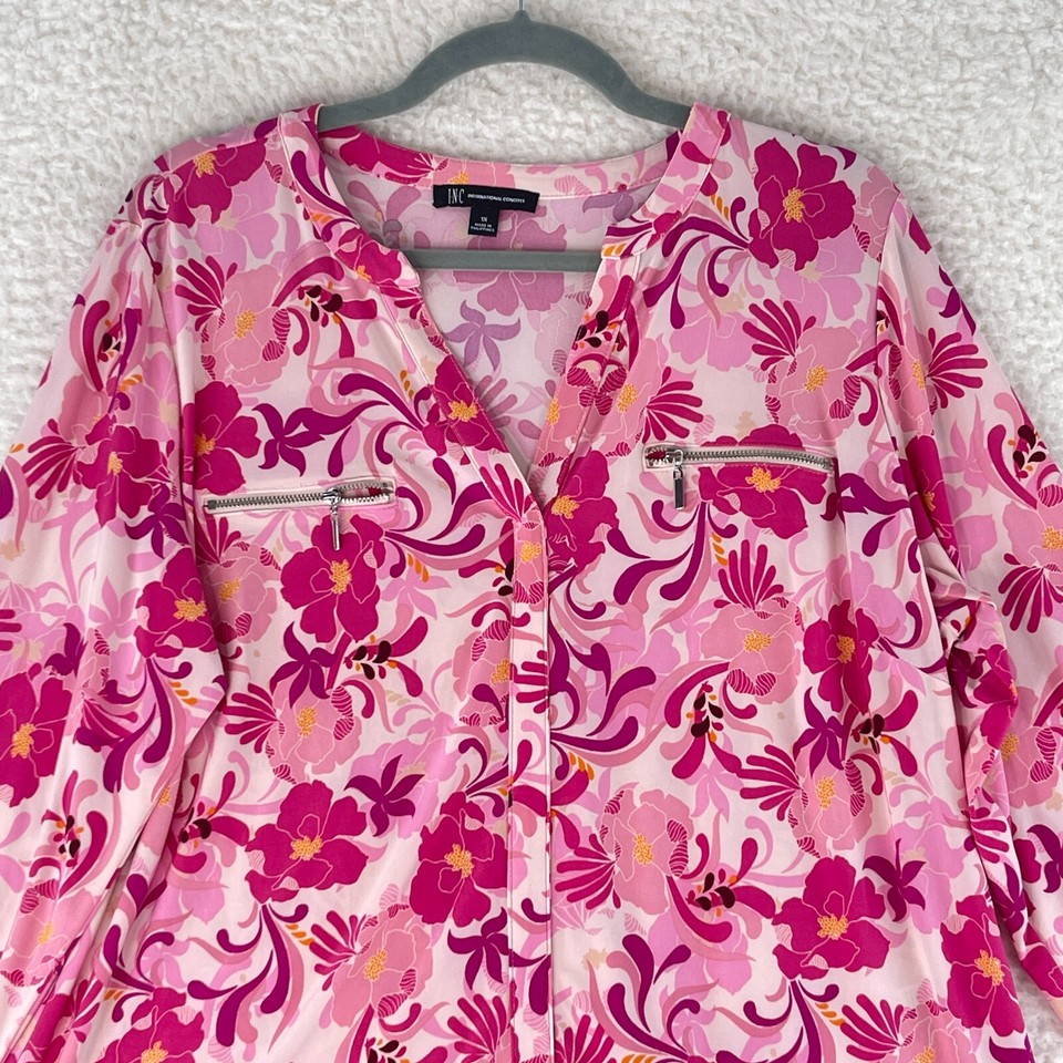 INC International Concepts Pink Floral ZipPocket Top Womens Long