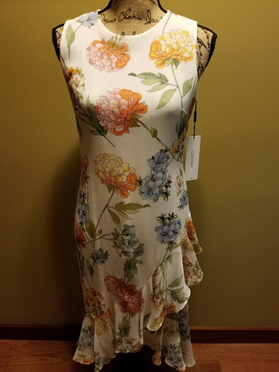 NWT Womens Calvin Klein Floral High Low Midi Dress Ruffle Hem Cream Gold Multi 4
