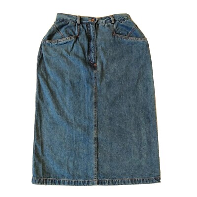 Vintage 80s Denim Jean Skirt High Waist Dark Blue Distressed Size Knee  Length UK