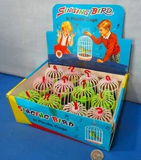 12 Toy Singing Birds in Cages + Counter Top Store Display Box ~ Hong Kong ~ N.R.