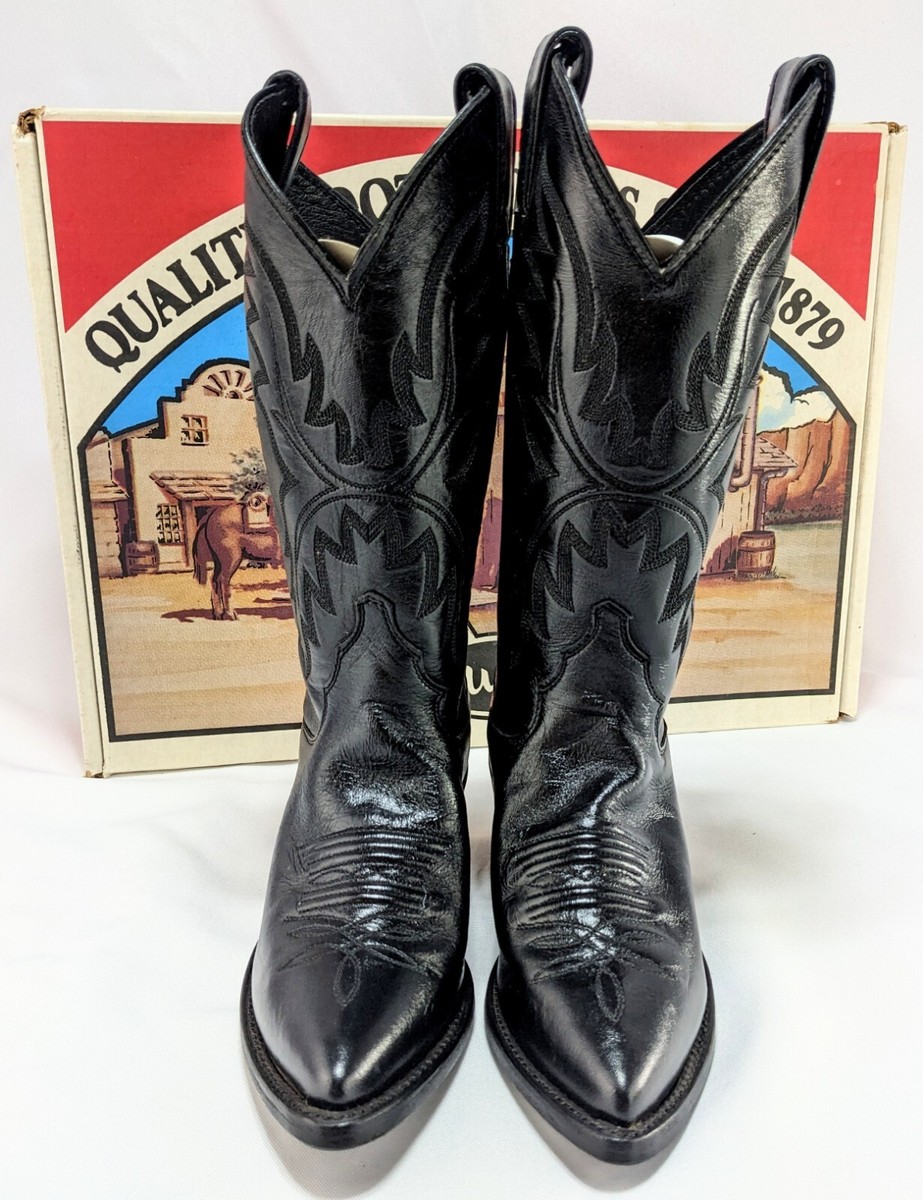 Vtg Justin Black Leather Cowboy Boots Boys Youth Size 4  display picture 2
