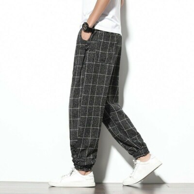 Herren Retro Kariert Haremshose Konische Hosen Freizeit Japanisch Tartan Kariert