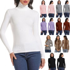 Women's Basic Turtleneck Tops Soft Stretch Ribbed Knit Cotton Long Sleeve Shirts