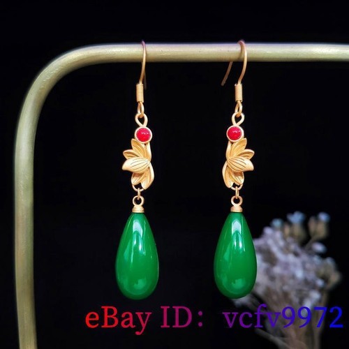 Jade Water Drop Earrings Jewelry Women 925 Silver Natural Green Chalcedony - Picture 4 of 11