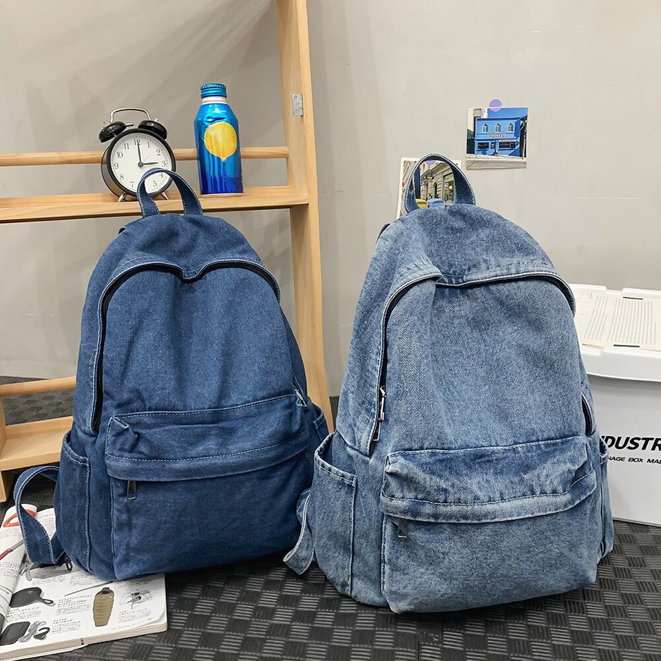 Denim Backpack for Women Men Multipocket Knapsack Retro Rucksack