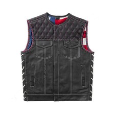 Mens Hunt Club Leather Vest American Flag Diamond Quilted Motorcycle Biker Vest