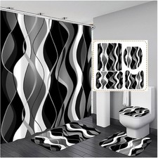Elegant 4-Piece Black  White Striped Shower Curtain Set for Modern Bathrooms