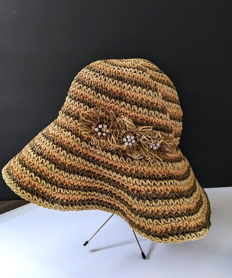 J HATS Floppy Straw & Fabric Hat Wide Brim One Size Boat Beach Sun Garden Travel