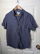 Porter & Ash Mens Shrt Linen Blue Short Sleeve Button Down Top Size Medium