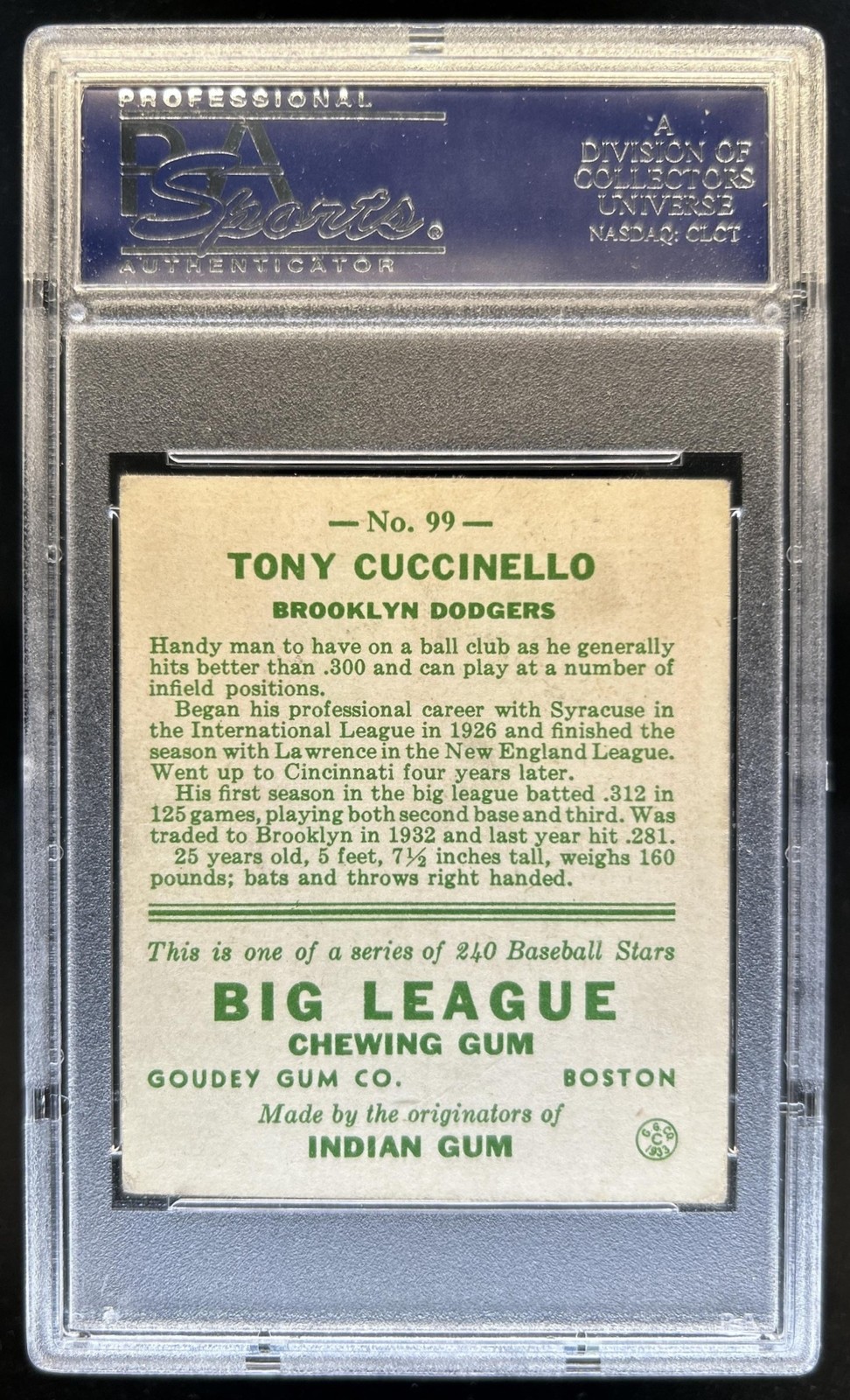 1933 Goudey R319 Tony Cuccinello Rookie RC #99 PSA 3 view 2