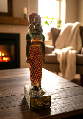 Goddess Sekhmet with Cobra: Unique Hand-Carved Colored Stone Statue