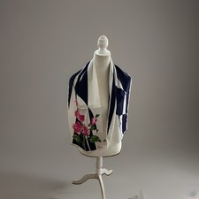 Vtg Signed Vera Neumann Scarf Oblong veresa White Blue Stripes pink flowers