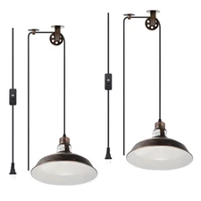 2pcs Plug in Pendant Light Pulley Hanging Lamp with 16.4ft Cord Switch Bronze