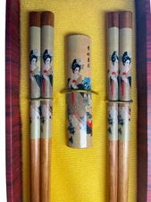 Wood Chopsticks & Rests Geisha Cherry Blossom Chinese Art Boxed Set for Two New