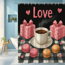 Cute Pink Love Shower Curtain with Coffee and Macarons Design
