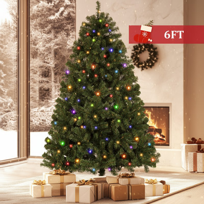 6ft Premium Pre-Lit Hinged Artificial Christmas Tree with Colorful Lights Decor.