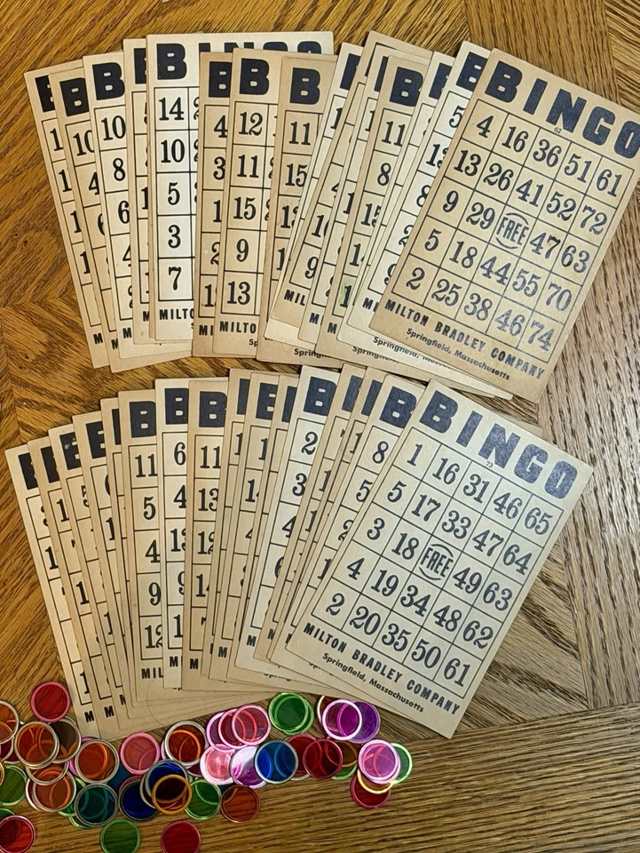 Vintage 48 Milton Bradley & 17 Pressman Bingo Cards, 135+ Markers & Magnet Wand - Image 3 of 4