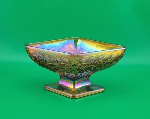 Vintage Indiana Carnival Glass Candy Dish Pineapple Diamond & Floral Iridescent
