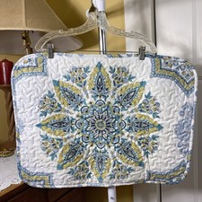 Boho Quilted Blue Gold White Mandala Medallion Floral Print Pillow Sham