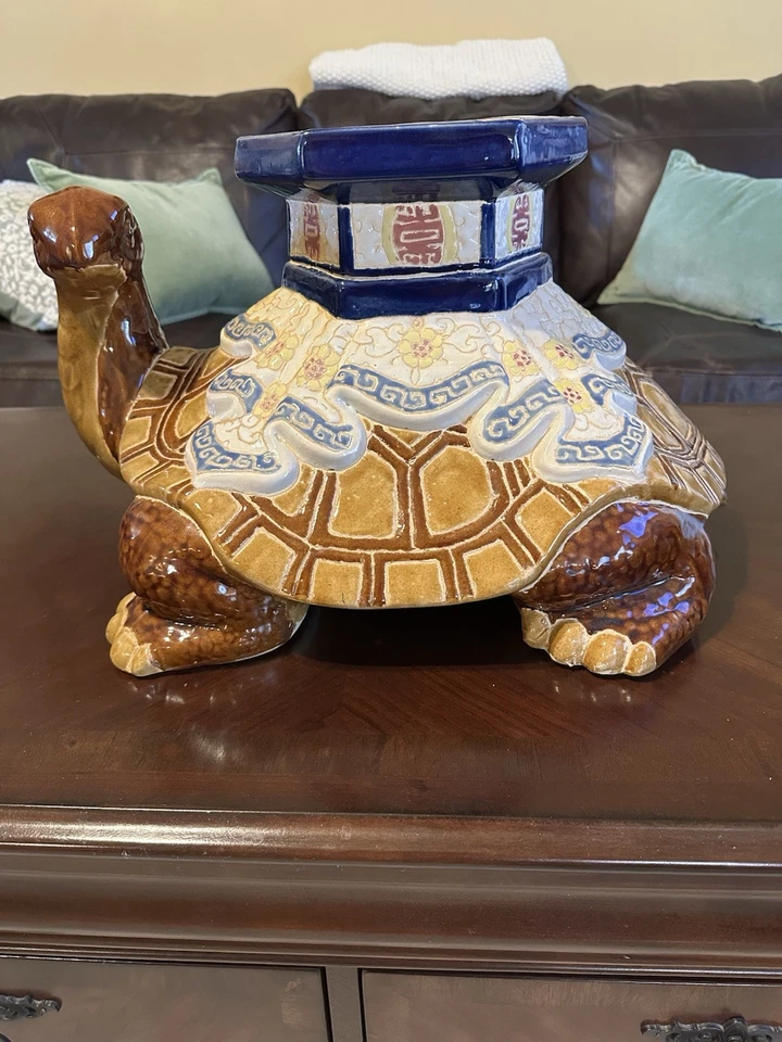 Banqueta decorativa chinesa vintage Hollywood Regency cerâmica jardim tartaruga suporte para plantas - Imagem 3 de 4