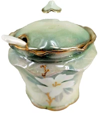 Antique RS Germany Covered Jam Jar 4"Pastel Green Floral Gold Detail Marked 1773