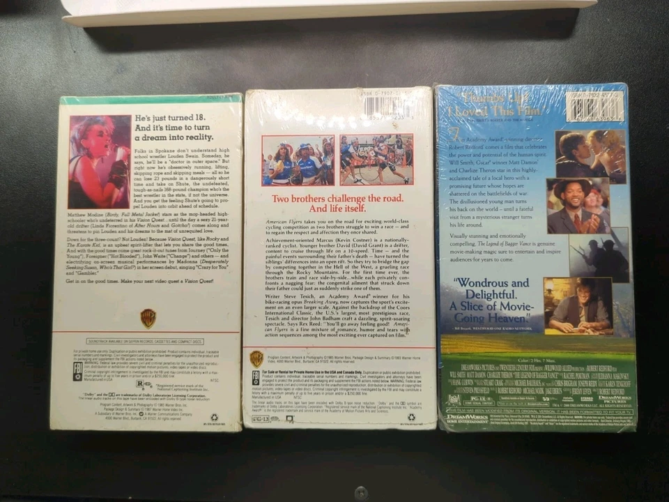 VHS Mixed Lot Of 3 Vintage Movies - American Flyers, Vision Quest, Bagger Vance Foto 2 de 4
