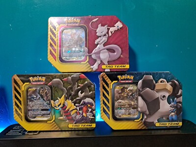 POKEMON TAG TEAM GX POWER PARTNERSHIP TIN NEW Set Of 3 Mewtwo & Mew Lucario Ect.