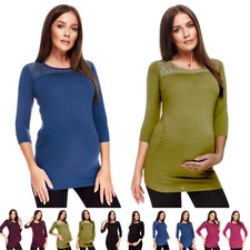 Purpless Maternity 3/4 Sleeve Pregnancy Shirt Blouse Top with Lace Trim 5300