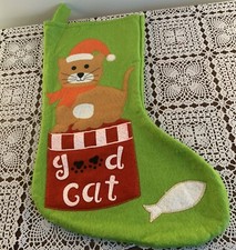 Good Cat Christmas Stocking 16 Inch Green Felt Tan Kitten Santa Hat Scarf Fish