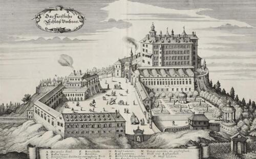INNSBRUCK - "Das Fürstliche Schloss Ambras" - Merian - Kupferstich um 1650 - Afbeelding 1 van 2