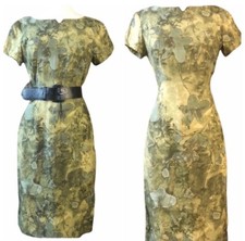Vintage Green Fitted Floral Garden Party Dress, Pencil Dress, Medium/ Size 6