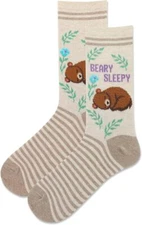 Hot Sox Fuzzy Beary Sleepy Socks 1 Pair, Natural, Women's 9-11 Shoe