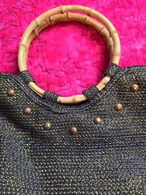 Boho style bag with wooden circular handle. Woven style. Black/ tan ...