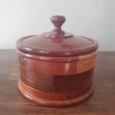 Vintage Hand Turned Mixed Wood Bowl With Lid Inlay Trinket Box